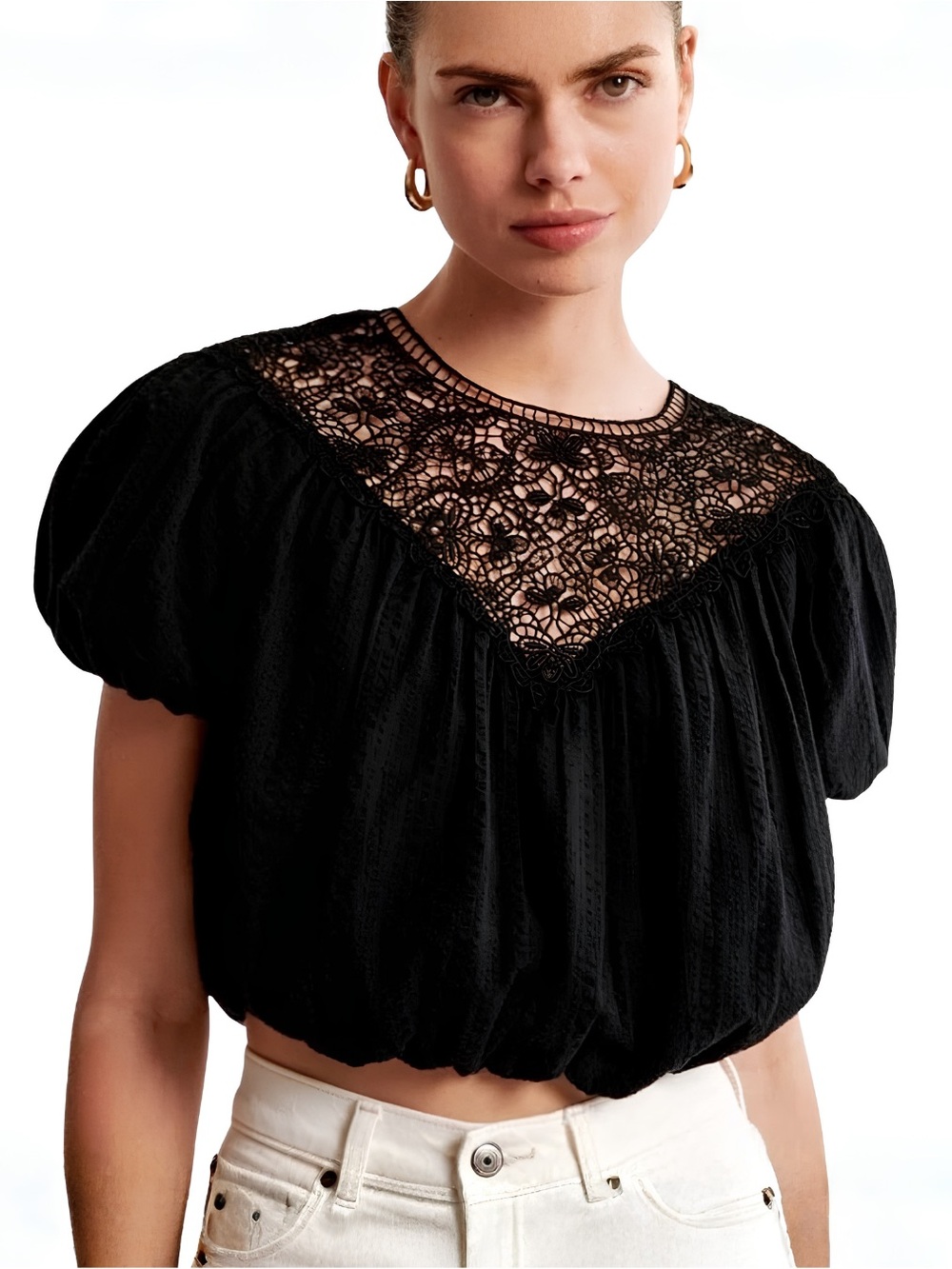 NWT Abercrombie & Fitch Black Lace Crochet Puff Sleeve Bubble Hem Crop Top Small